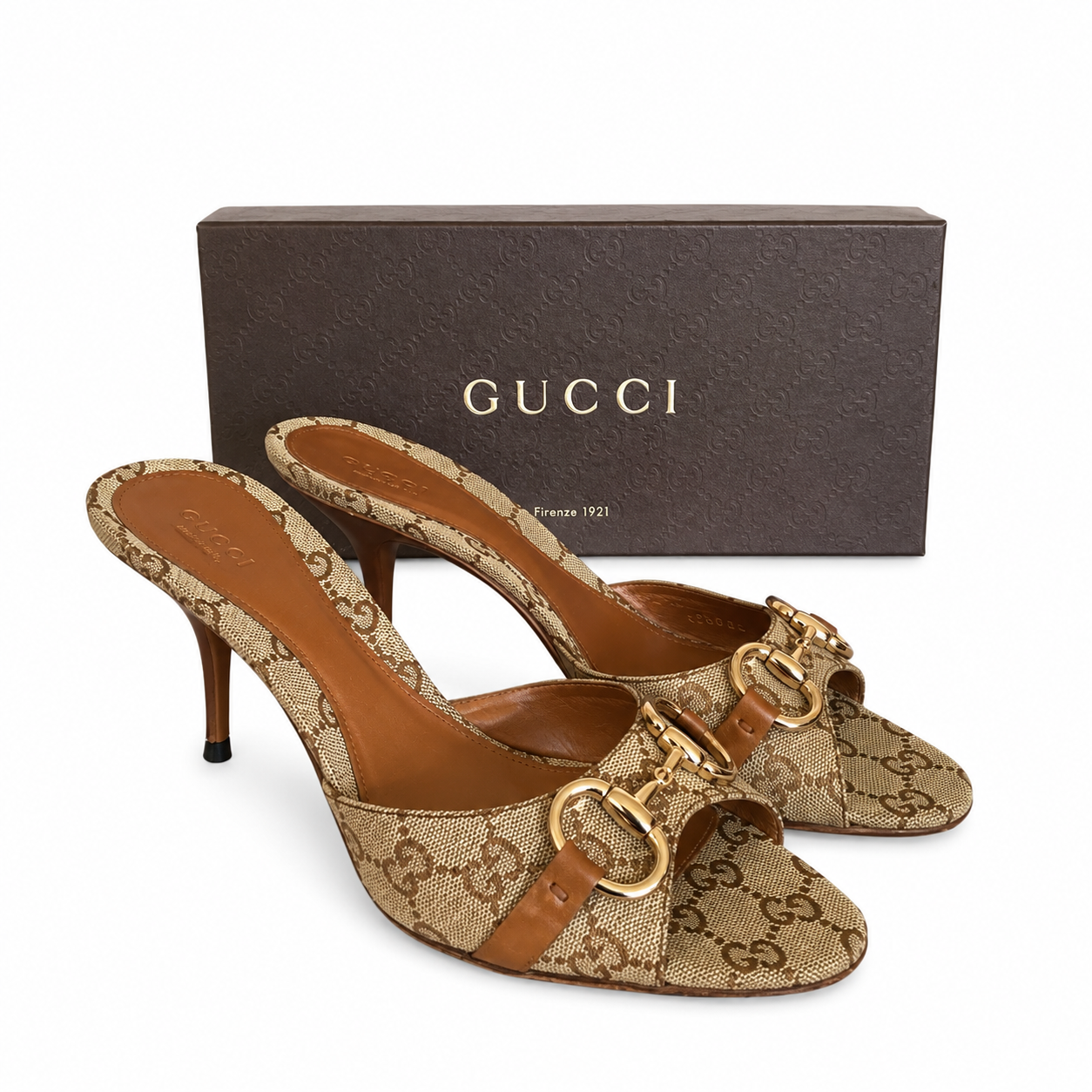 Gucci Horsebit Monogram Canvas Mule Heels(With Box & Proper Packaging)