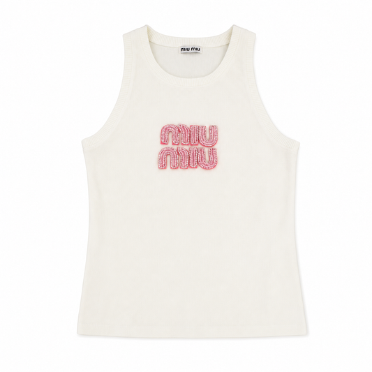 Miu Miu Embellished Logo Ribbed Knit Tank Top