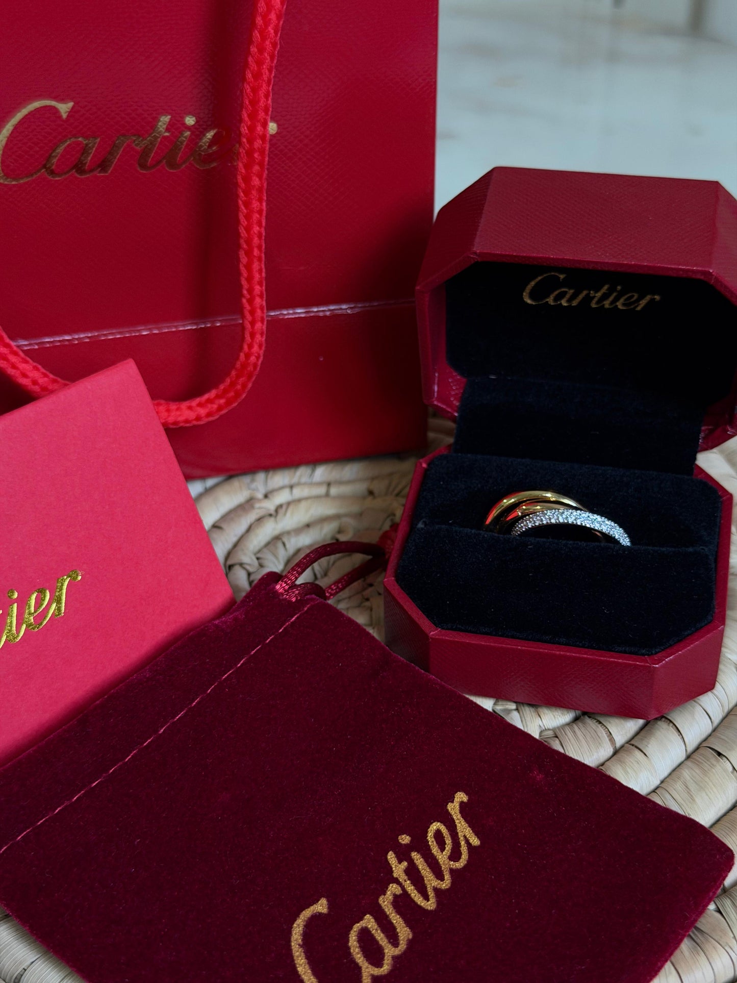 Cartier TRINITY RING, CLASSIC MODEL, HALF-PAVED ( with box & proper packaging)