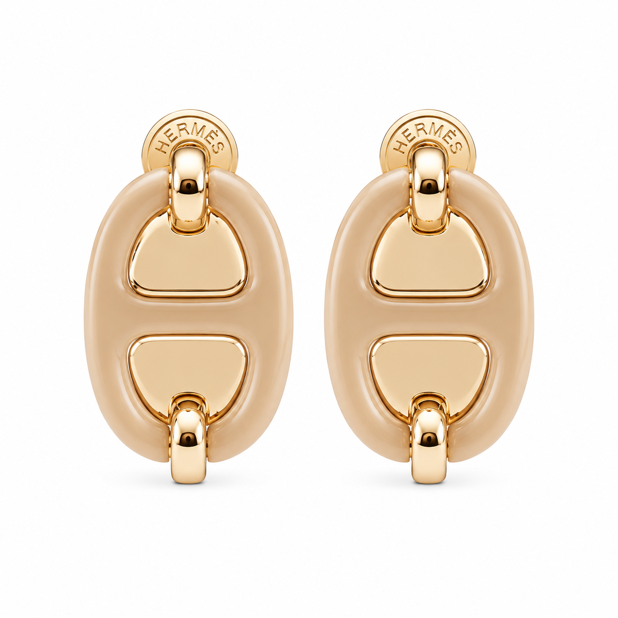 Hermes oval Enamel Earrings Beige(With Box & Proper Packaging)