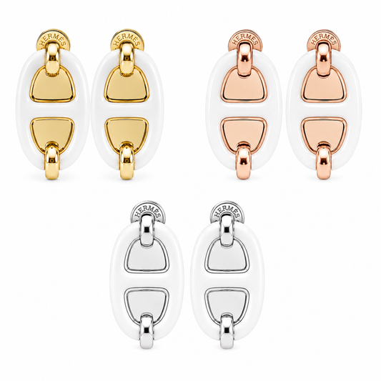 Hermès Oval Enamel Stud Earrings Milky White(With Box & Proper Packaging)