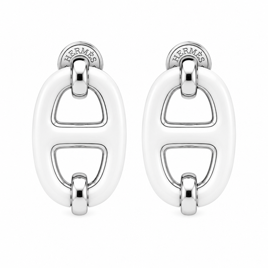 Hermès Oval Enamel Stud Earrings Milky White(With Box & Proper Packaging)