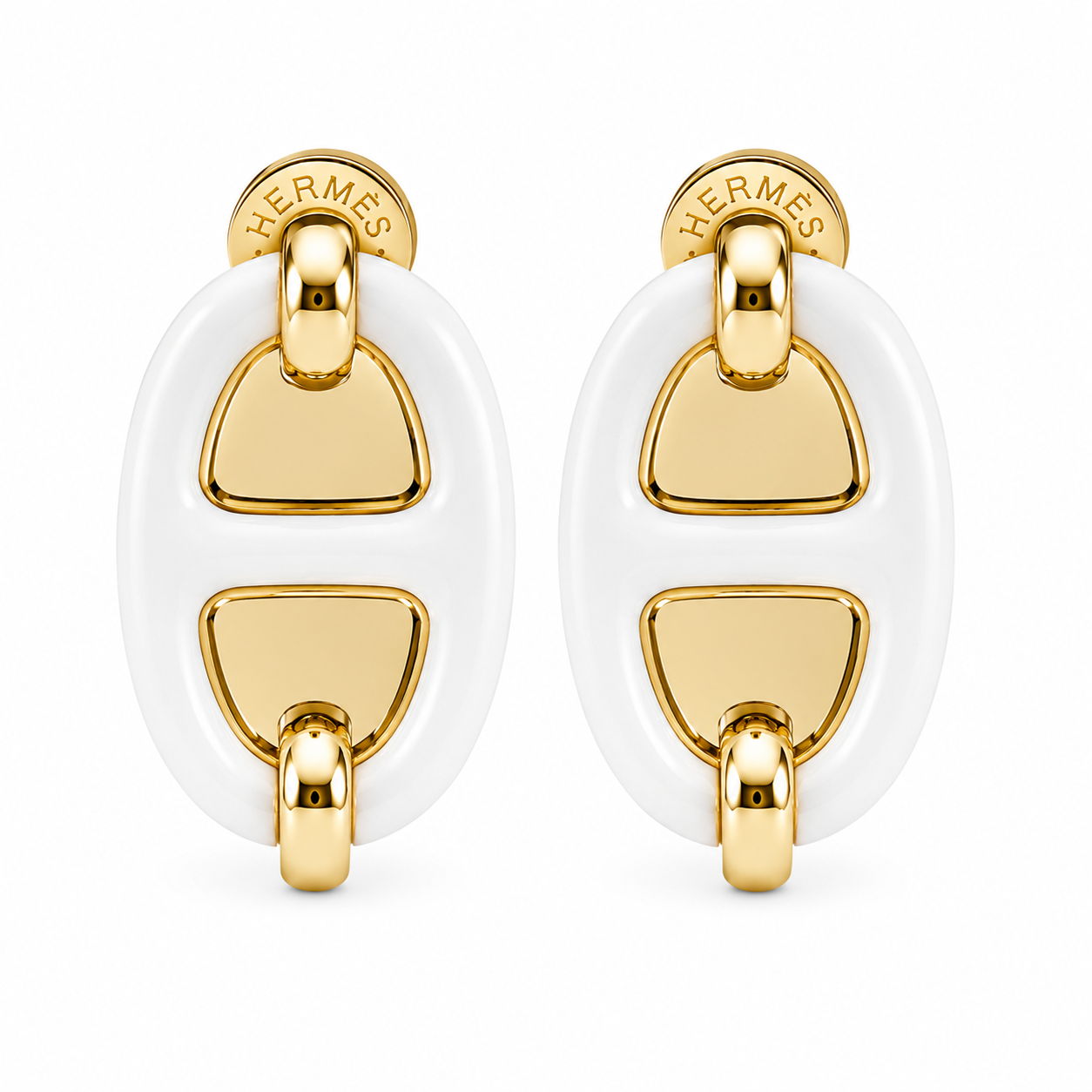 Hermès Oval Enamel Stud Earrings Milky White(With Box & Proper Packaging)