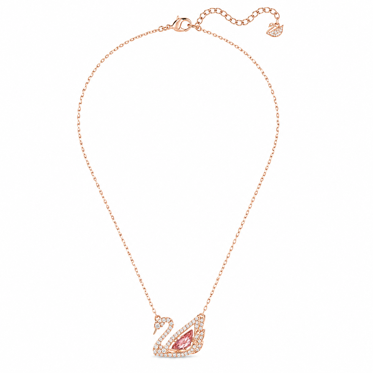 Swarovski Iconic Swan Dazzling Pendant Necklace (Rose Gold, Pink Stone) – Comes in original brand packaging.