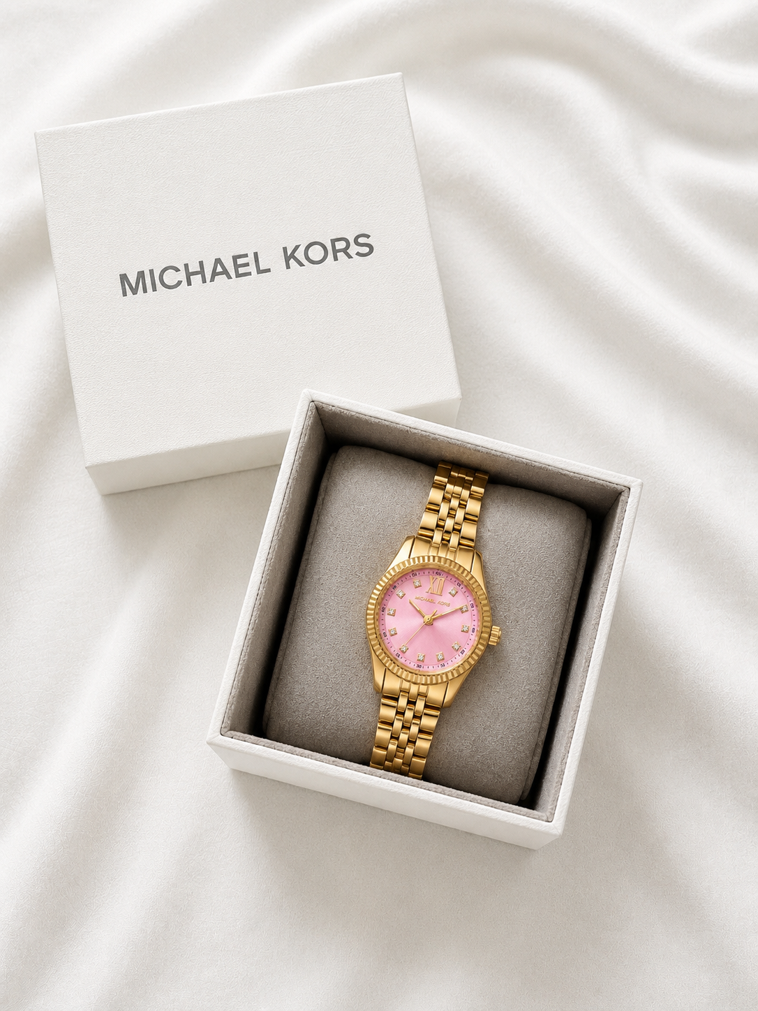 Michael Kors Petite Lexington Pink Dial Gold-Tone Women’s Watch(With Box & Proper Packaging)