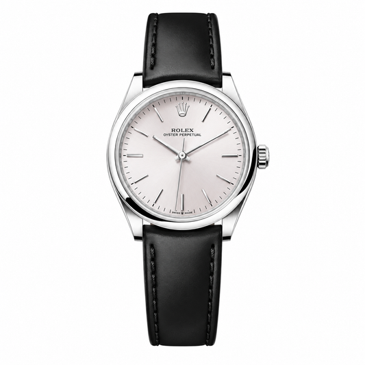 Rolex Oyster Perpetual Candy Pink Dial – Black Leather Strap(With Box & Proper Packaging)