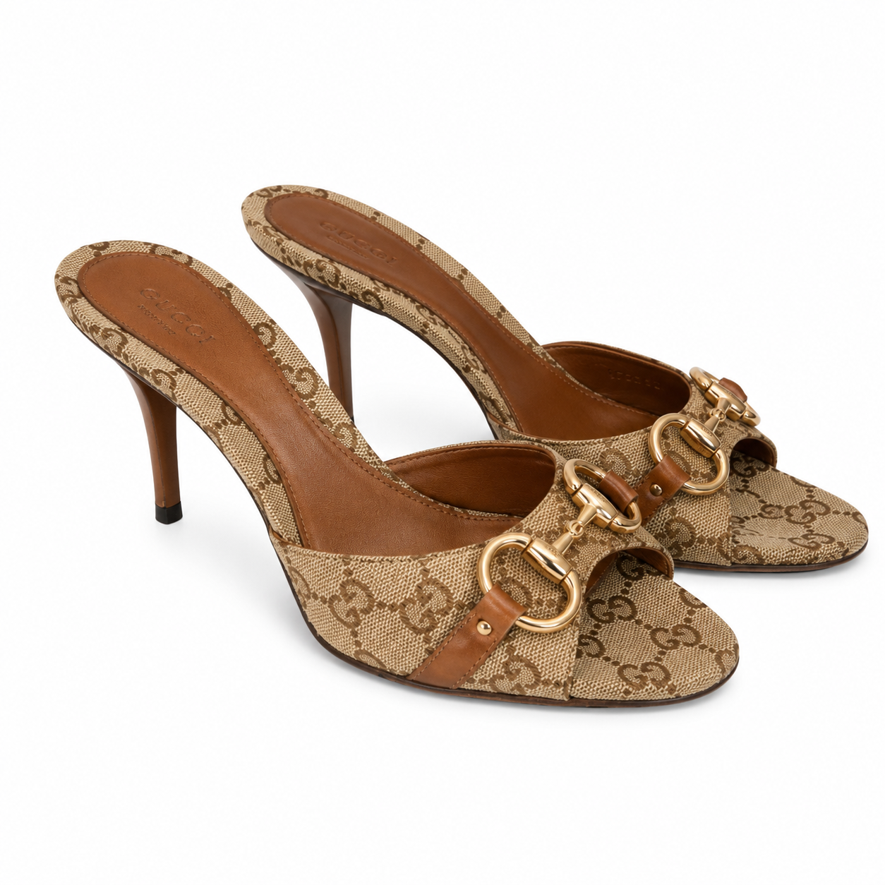 Gucci Horsebit Monogram Canvas Mule Heels(With Box & Proper Packaging)