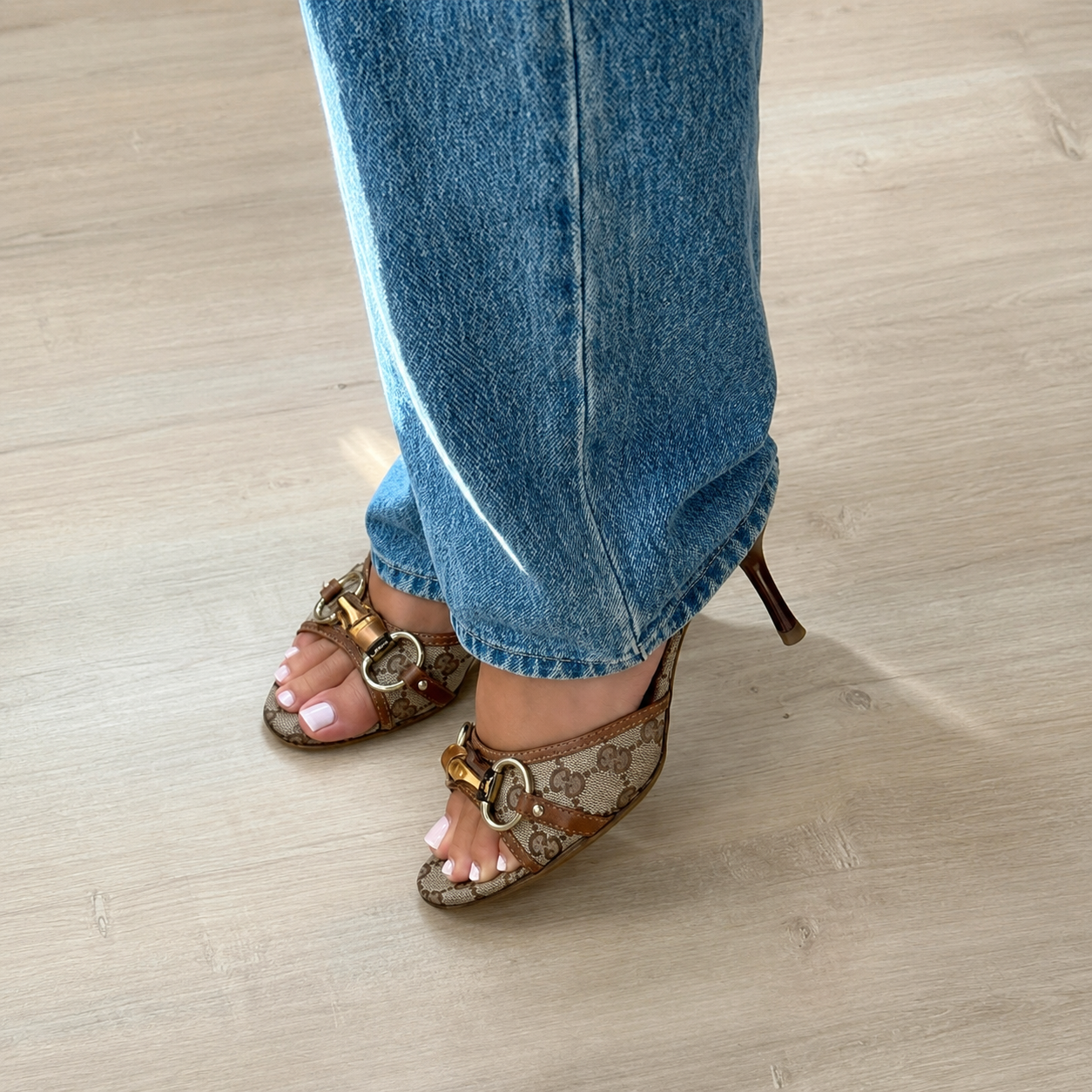 Gucci Horsebit Monogram Canvas Mule Heels(With Box & Proper Packaging)
