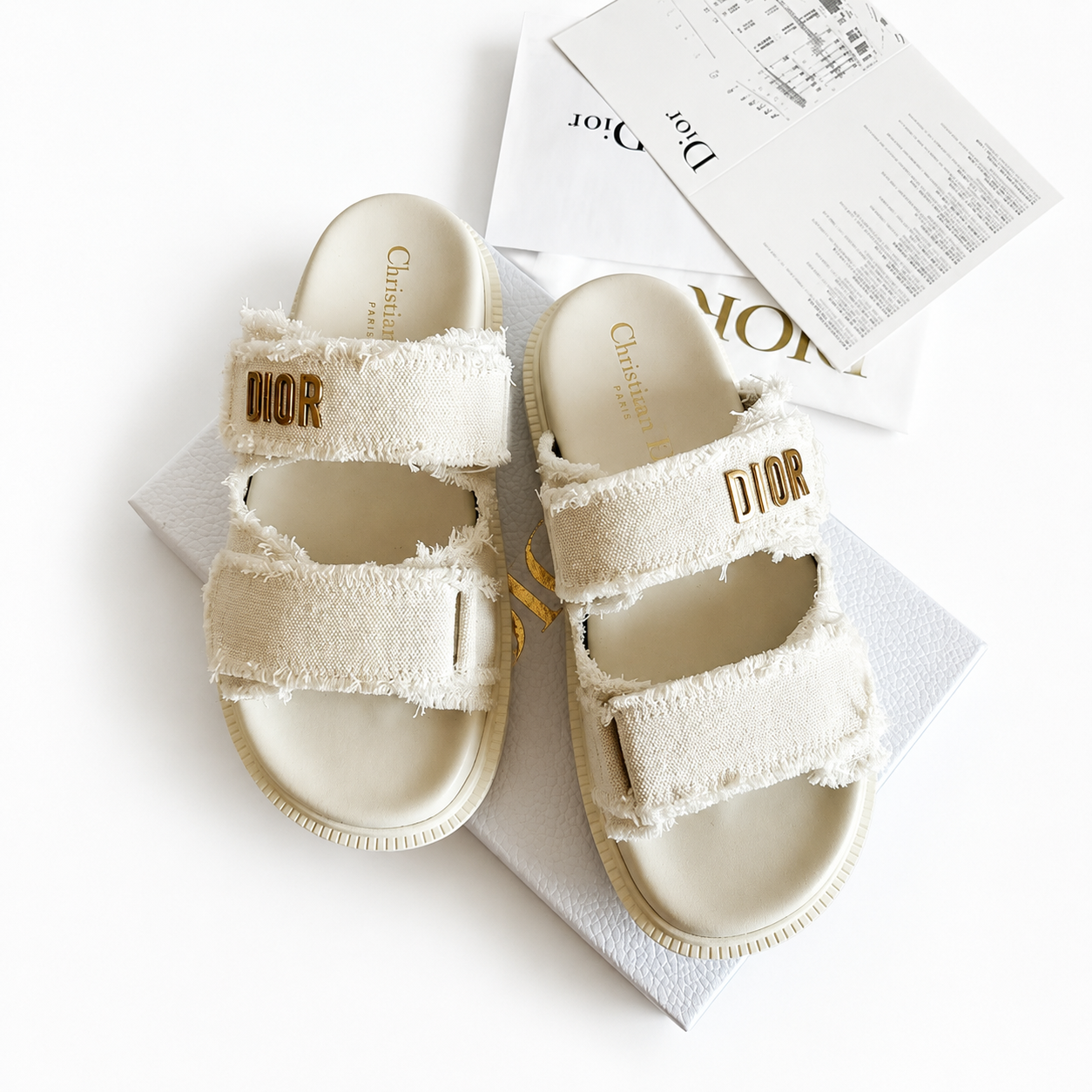 Luxury Frayed Canvas Double Strap Sandals – White(With Box & Proper Packaging)