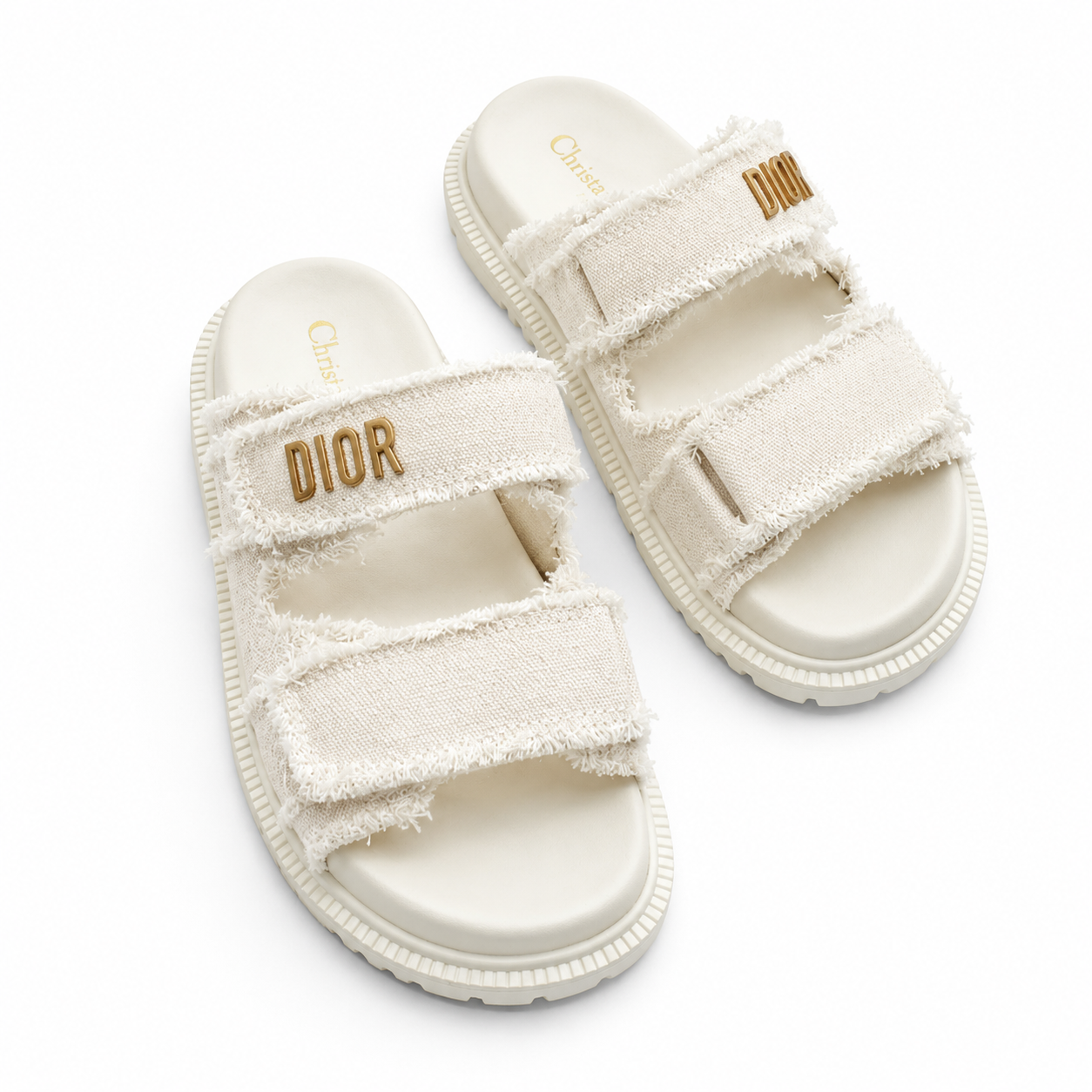 Luxury Frayed Canvas Double Strap Sandals – White(With Box & Proper Packaging)