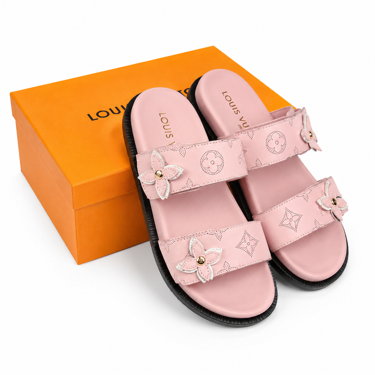 Louis Vuitton floral double-strap slide sandal(With Box & Proper Packaging)