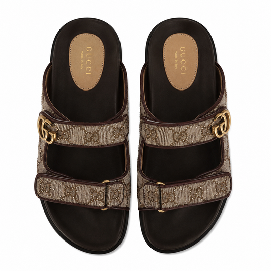 Gucci GG Crystal Monogram Double-Strap Slide Sandals