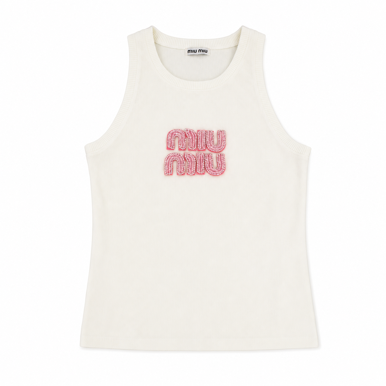 Miu Miu Embellished Logo Ribbed Knit Tank Top