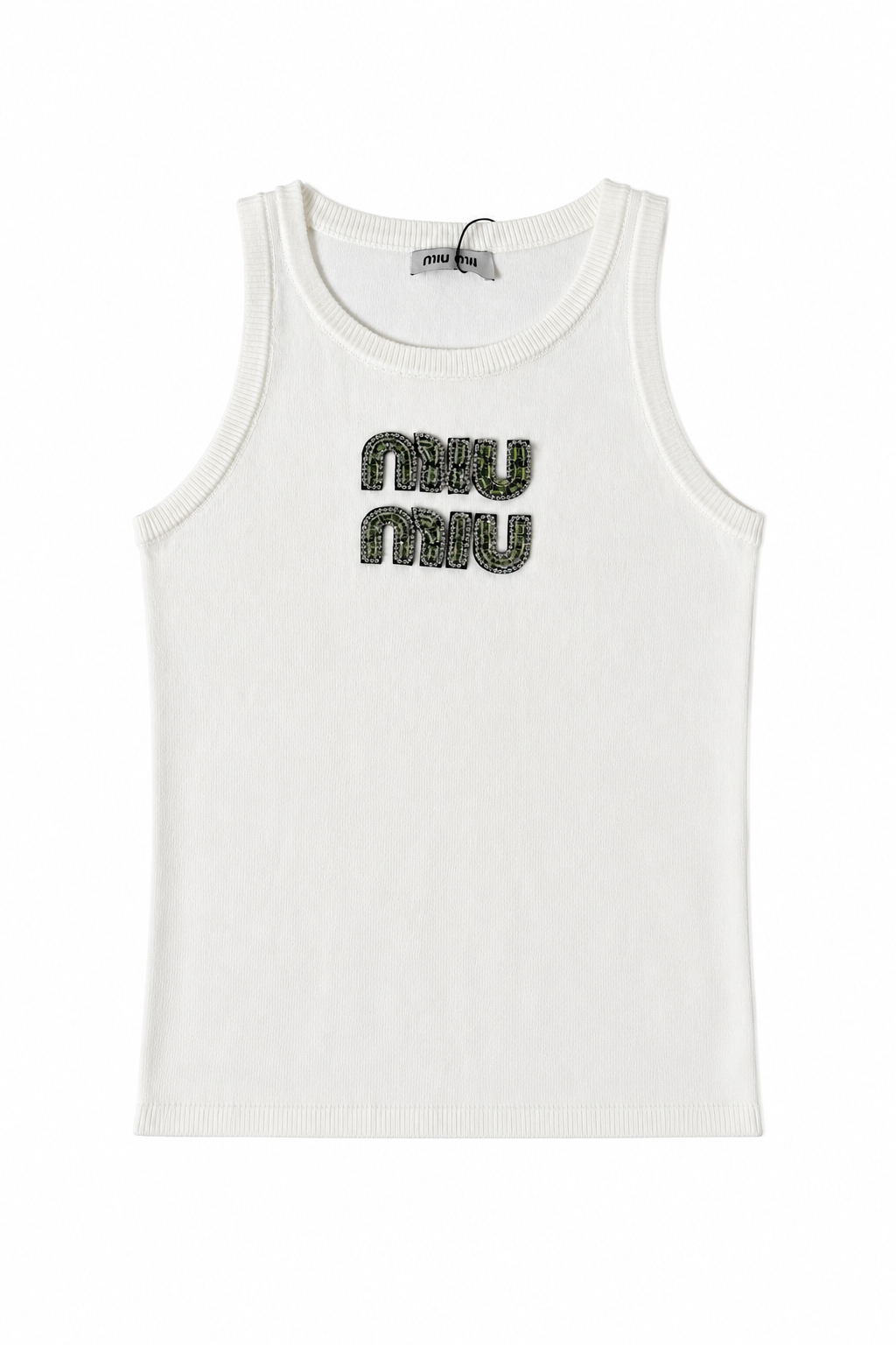 Miu Miu Embellished Logo Ribbed Knit Tank Top