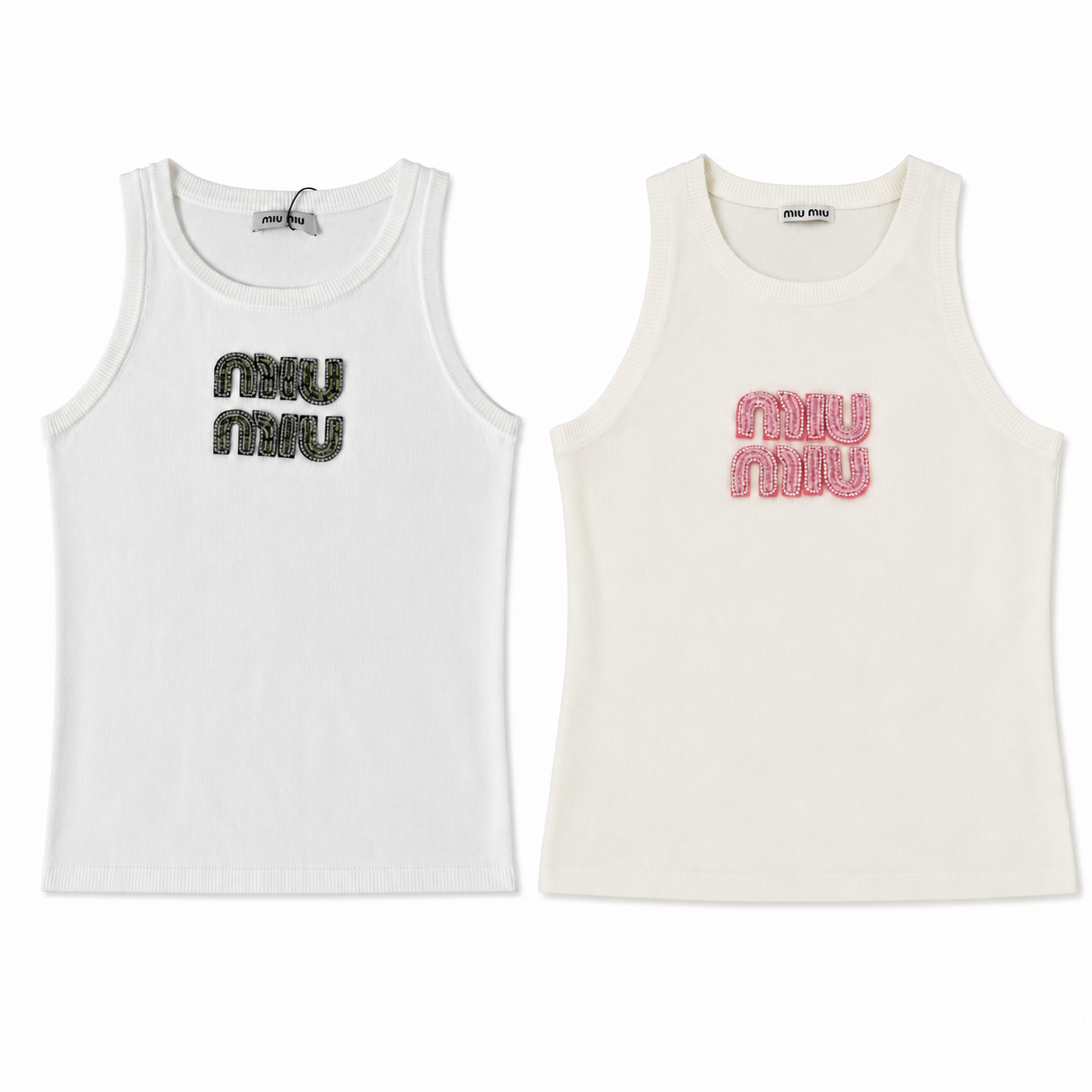 Miu Miu Embellished Logo Ribbed Knit Tank Top